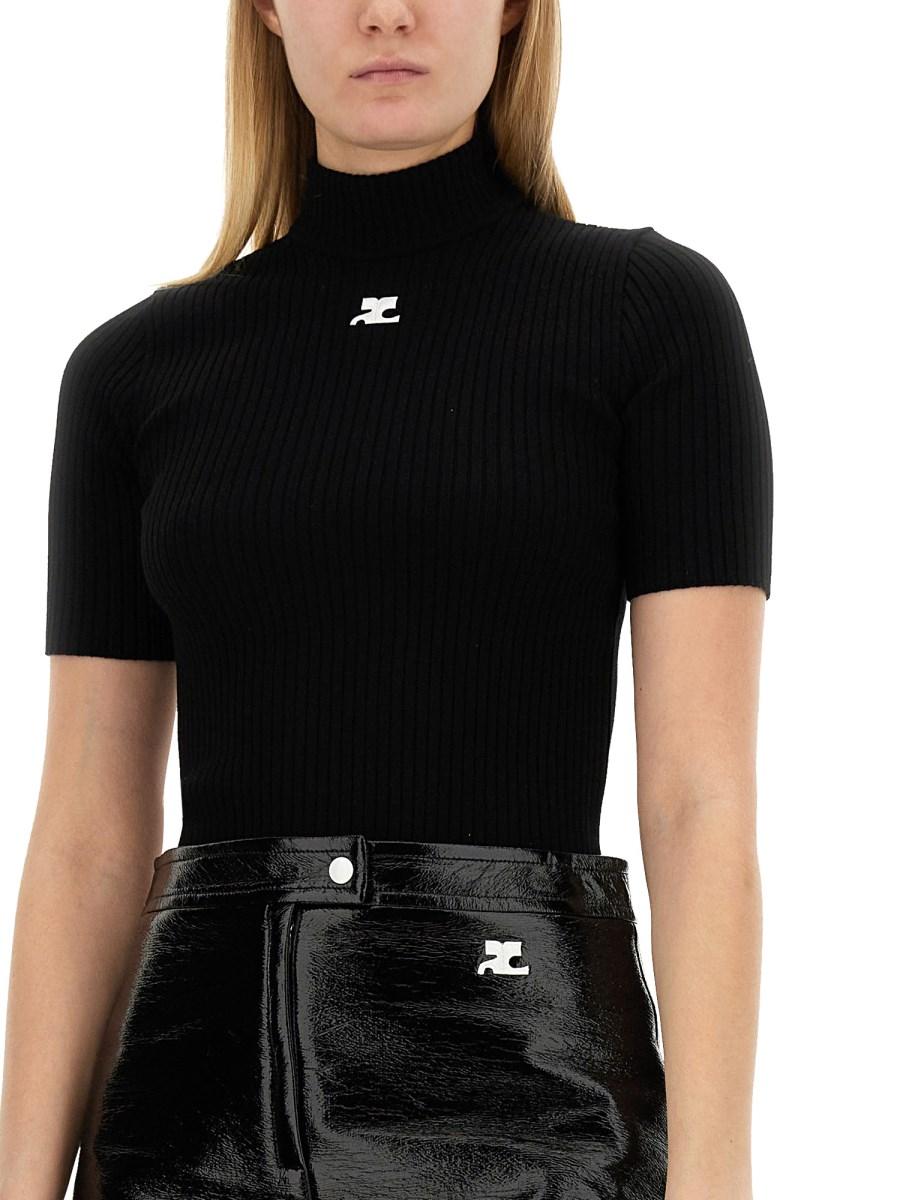 COURREGES MAGLIA IN VISCOSA CON COLLO ALTO E LOGO