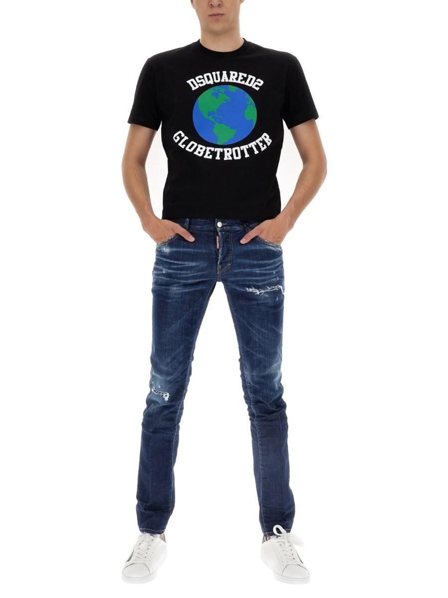 DSQUARED T-SHIRT "GLOBETROTTER" IN COTONE CON STAMPA