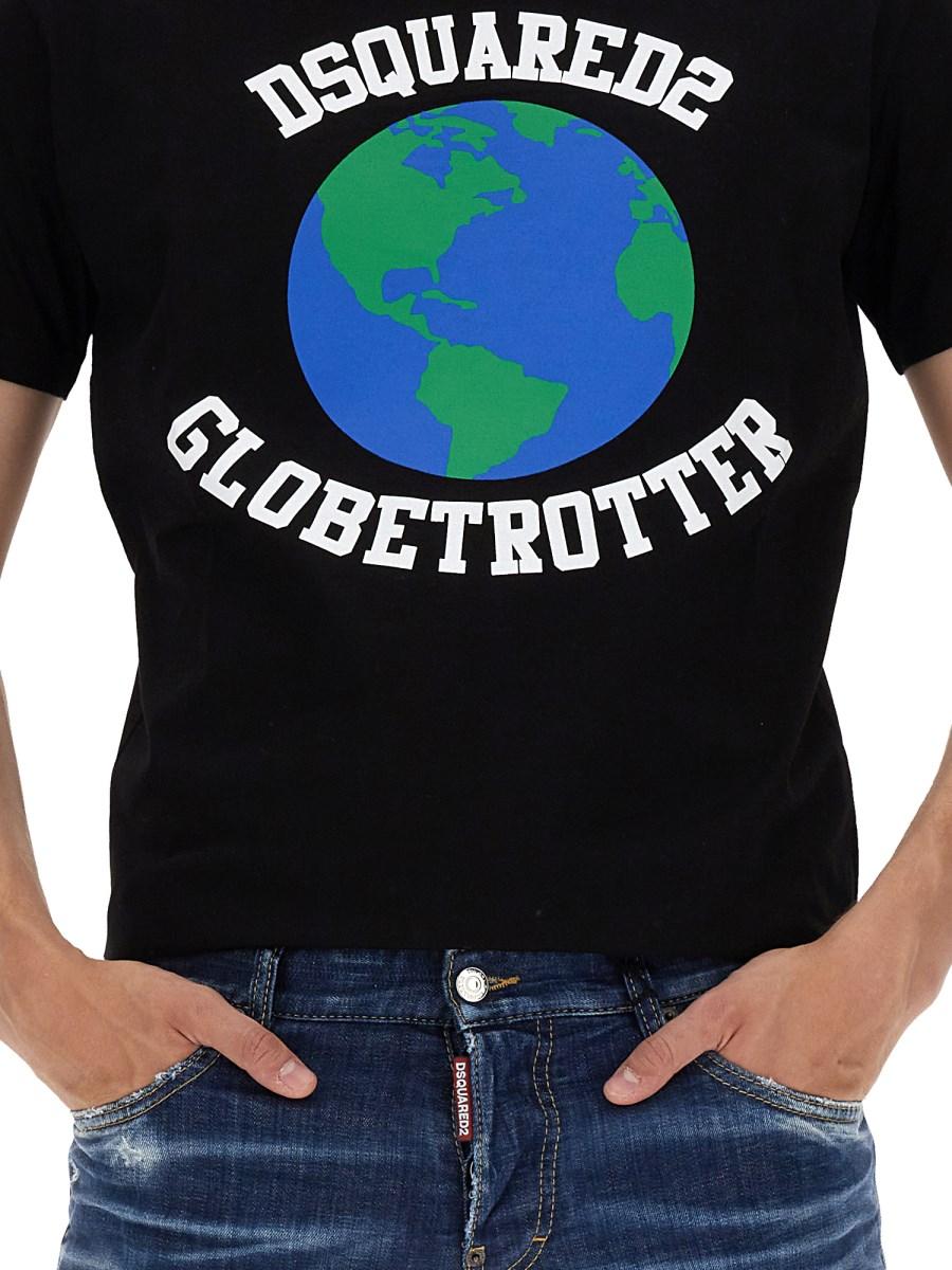 DSQUARED T-SHIRT "GLOBETROTTER" IN COTONE CON STAMPA