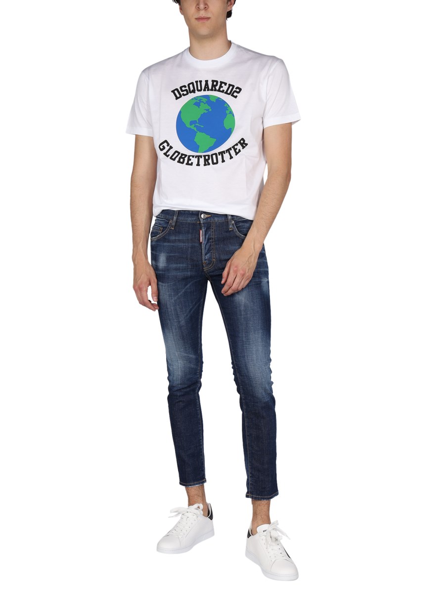 DSQUARED T-SHIRT "GLOBETROTTER" IN COTONE CON STAMPA