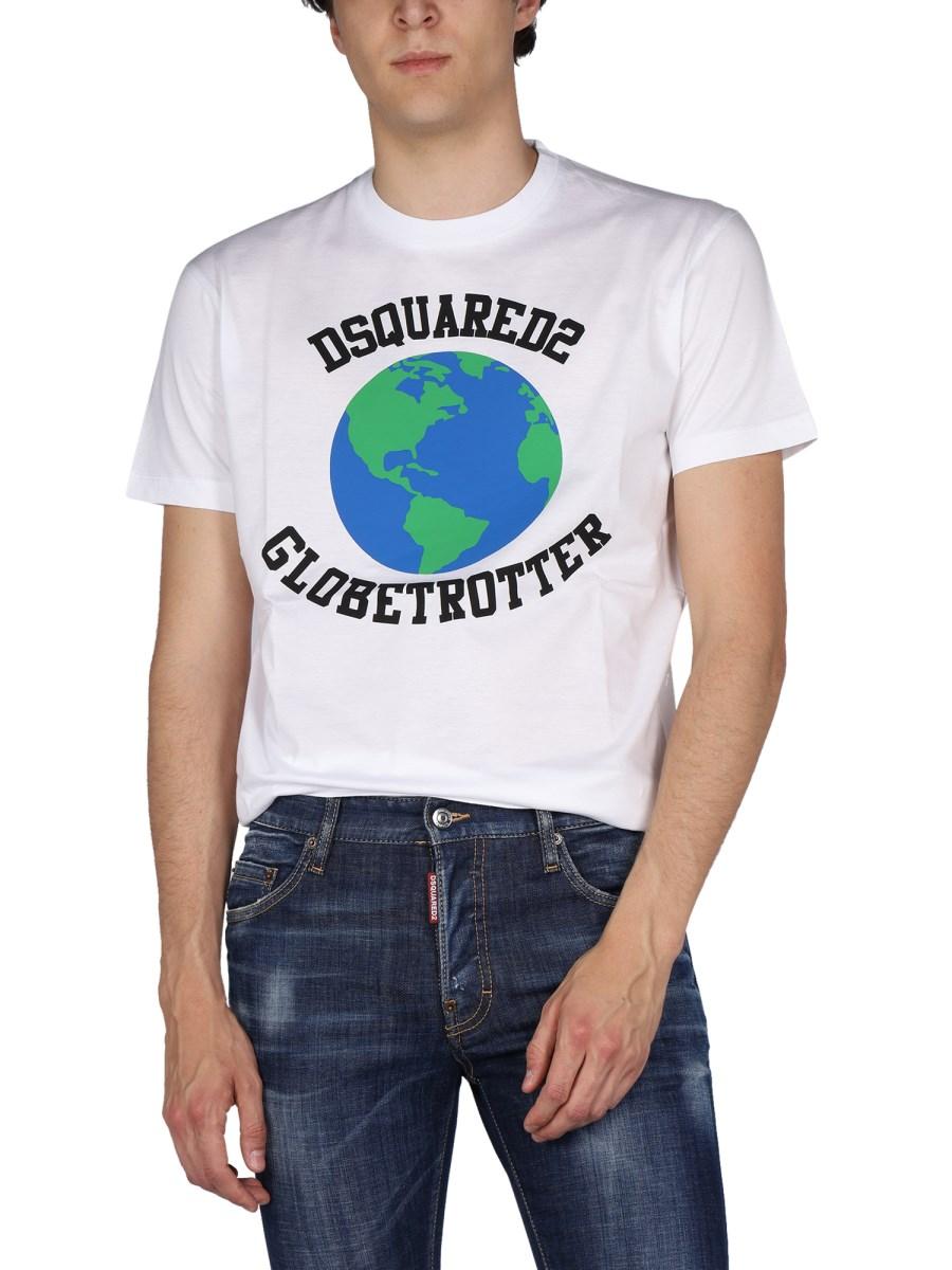 DSQUARED T-SHIRT "GLOBETROTTER" IN COTONE CON STAMPA