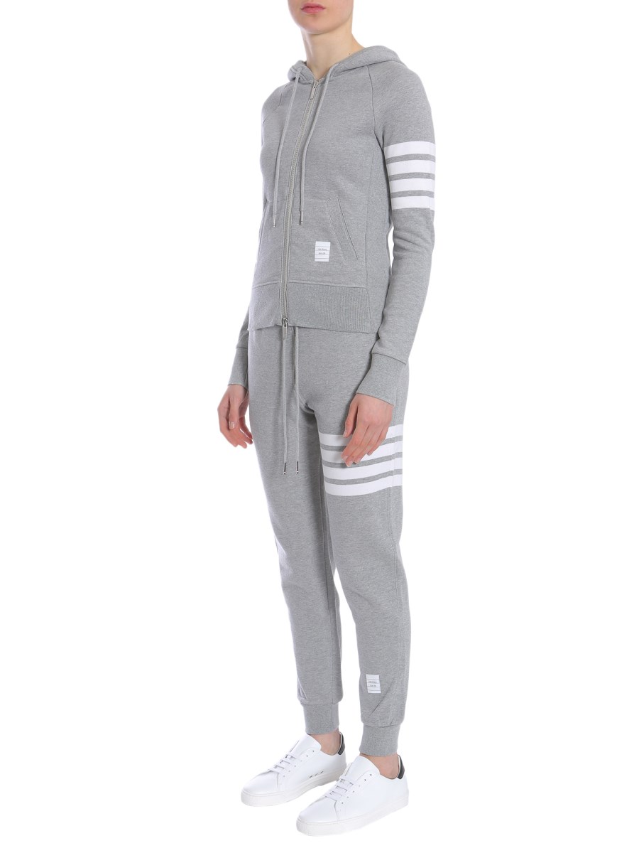 THOM BROWNE FELPA CON CAPPUCCIO E ZIP IN COTONE CON DETTAGLIO A RIGHE