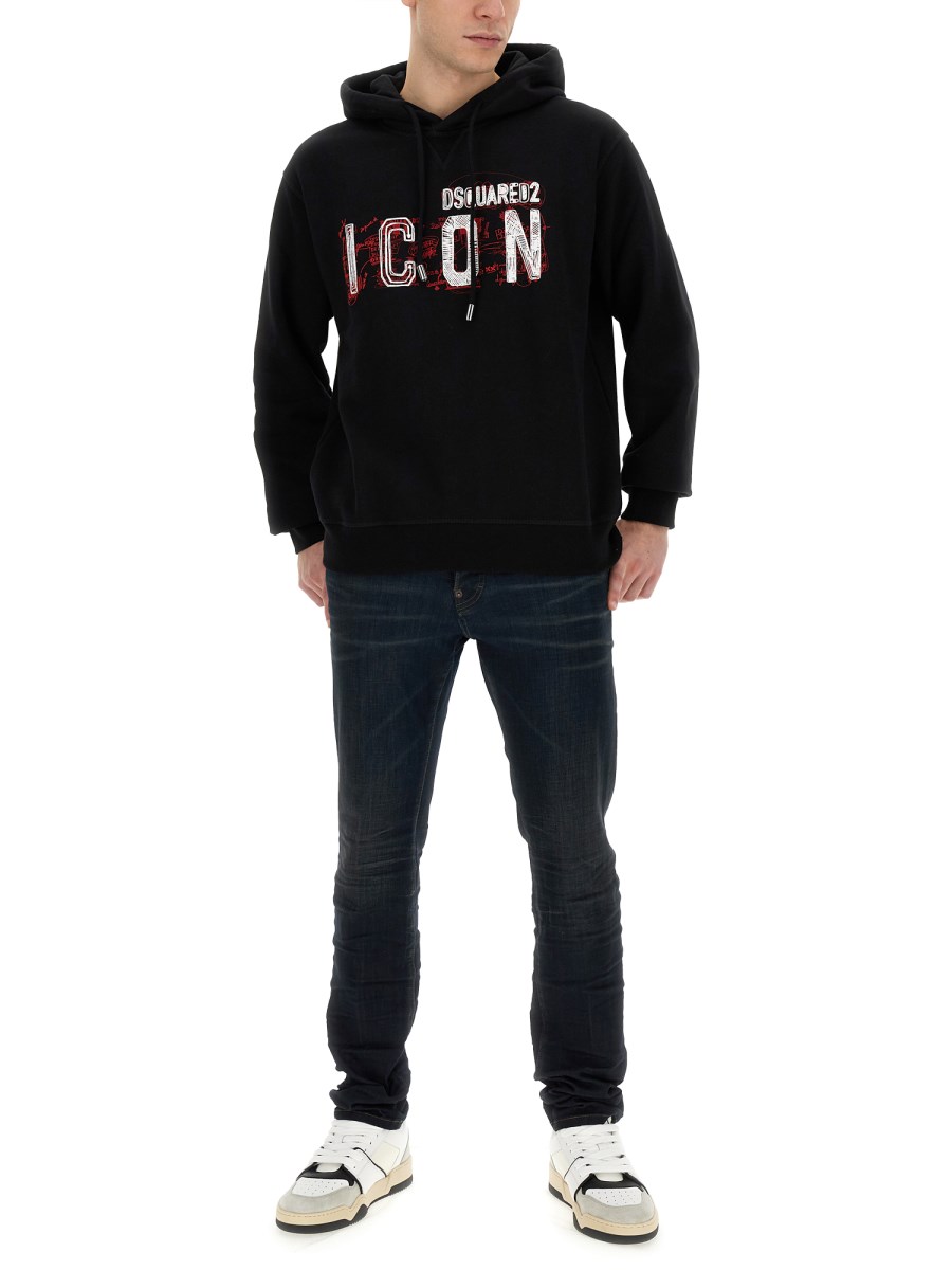 DSQUARED FELPA "ICON" SCRIBBLE COOL FIT IN COTONE CON CAPPUCCIO