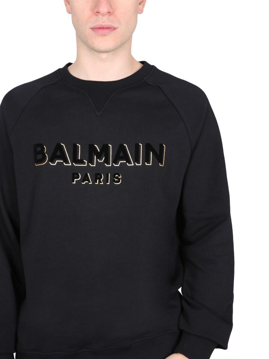 BALMAIN FELPA IN COTONE CON LOGO FLOCCATO E METALLIZZATO