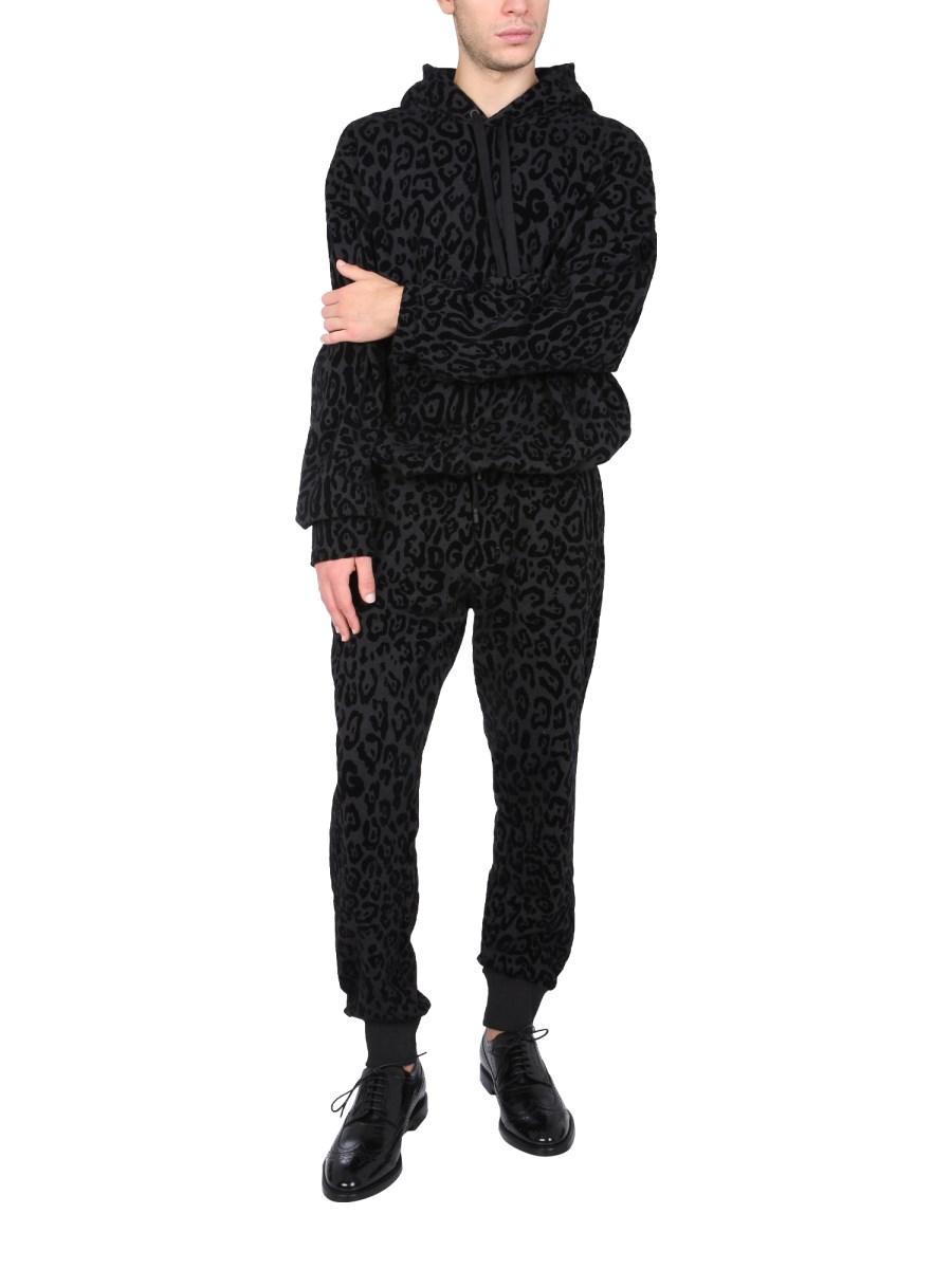 DOLCE & GABBANA FELPA IN COTONE CON STAMPA LEOPARDO FLOCCATA