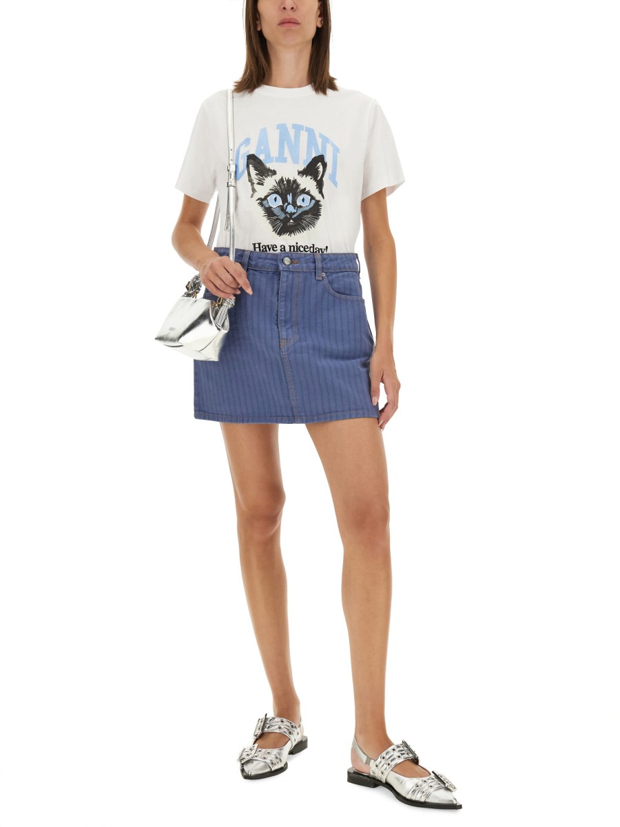 GANNI T-SHIRT IN JERSEY DI COTONE CON STAMPA CAT