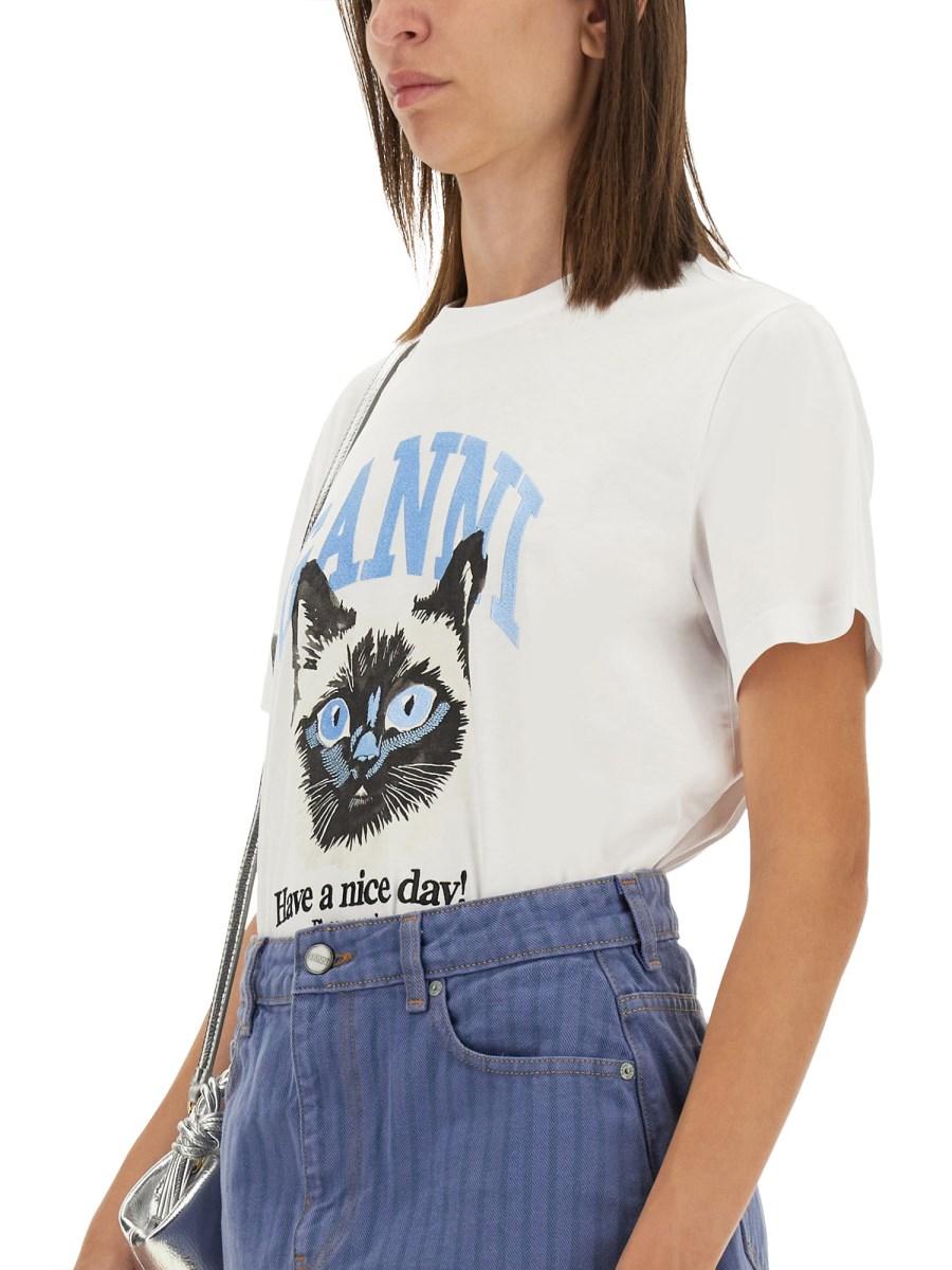 GANNI T-SHIRT IN JERSEY DI COTONE CON STAMPA CAT