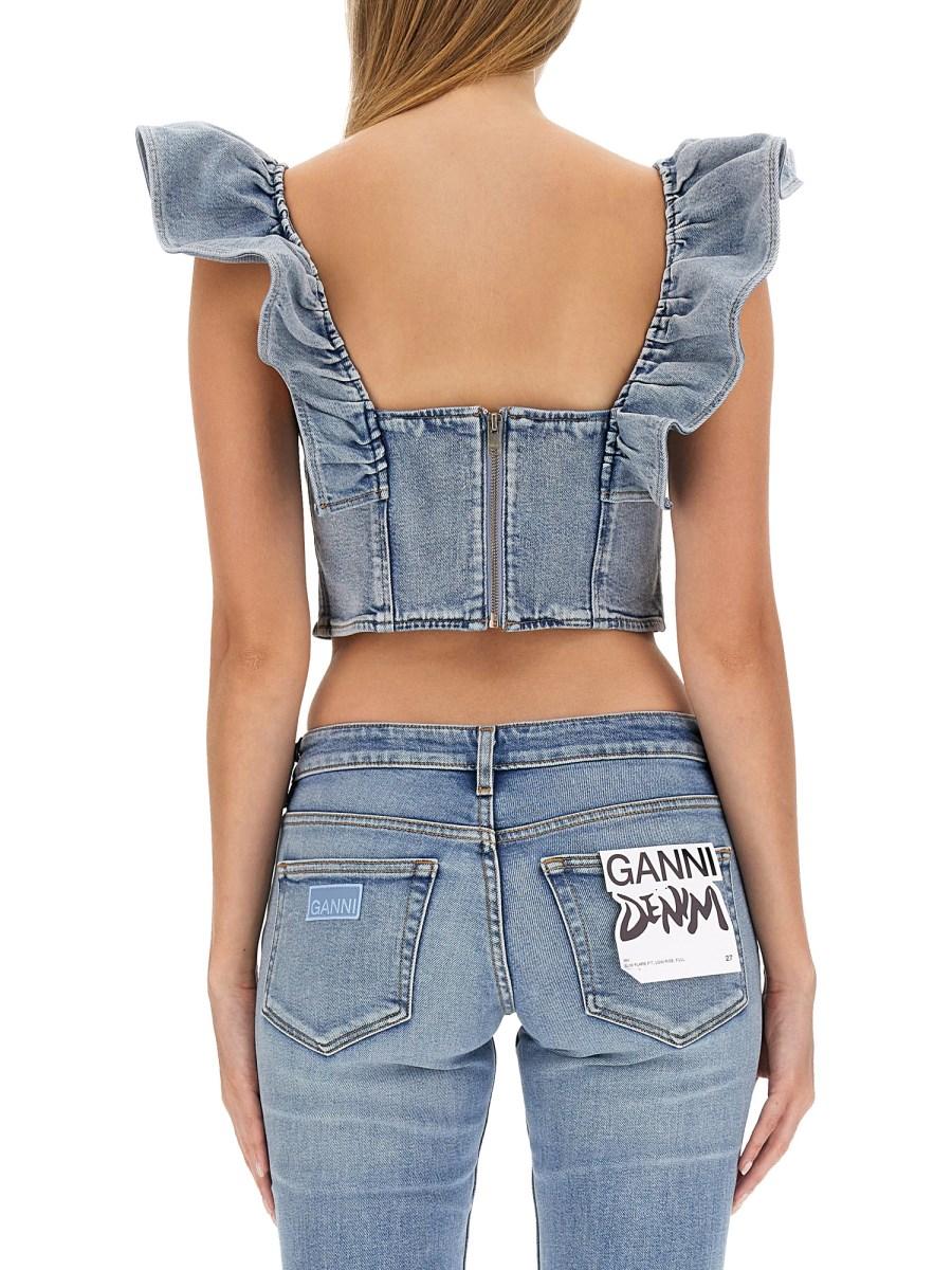 GANNI TOP IN DENIM DI COTONE CON VOLANT