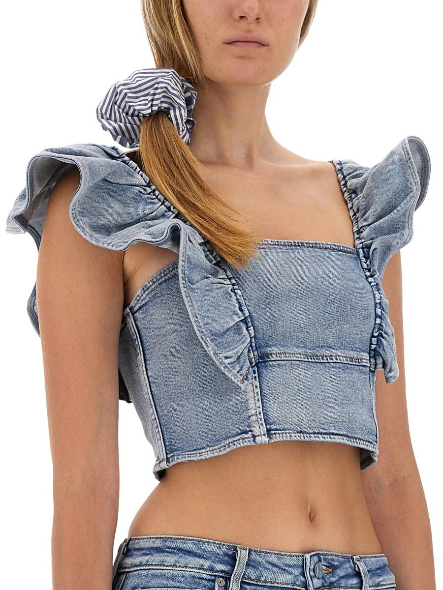 GANNI TOP IN DENIM DI COTONE CON VOLANT