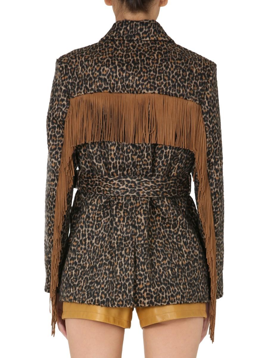 SAINT LAURENT GIACCA CON FRANGE E STAMPA LEOPARDATA IN LANA E FELTRO DI ALPACA