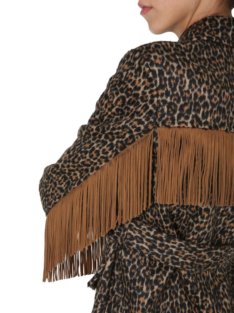 SAINT LAURENT GIACCA CON FRANGE E STAMPA LEOPARDATA IN LANA E FELTRO DI ALPACA