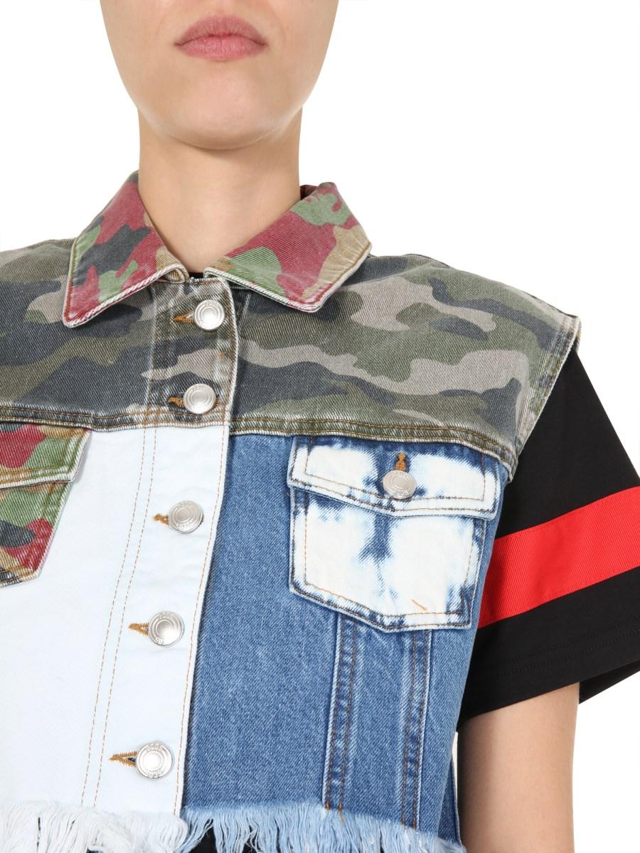 GCDS GILET CROPPED IN DENIM DI COTONE CON DETTAGLI CAMOUFLAGE