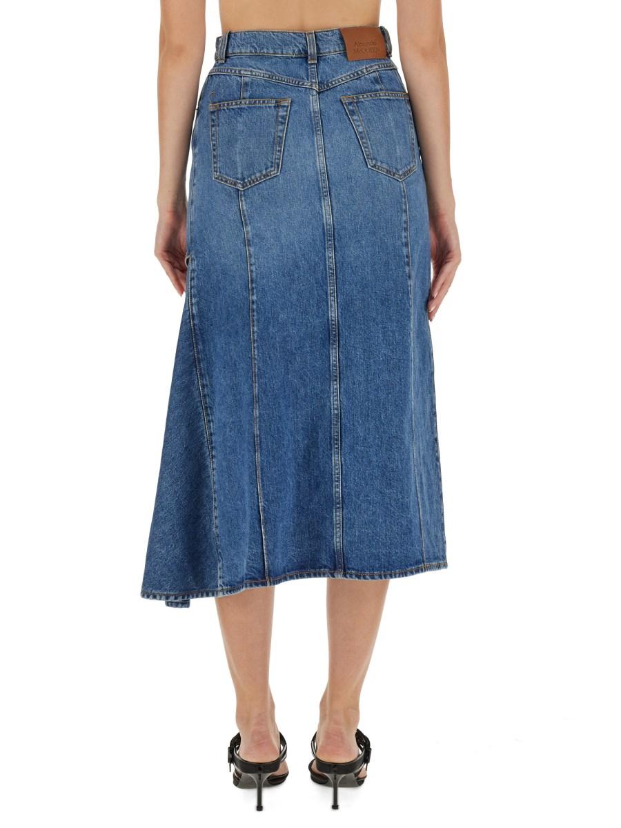 ALEXANDER McQUEEN GONNA A TUBINO CON CUT-OUT IN DENIM DI COTONE
