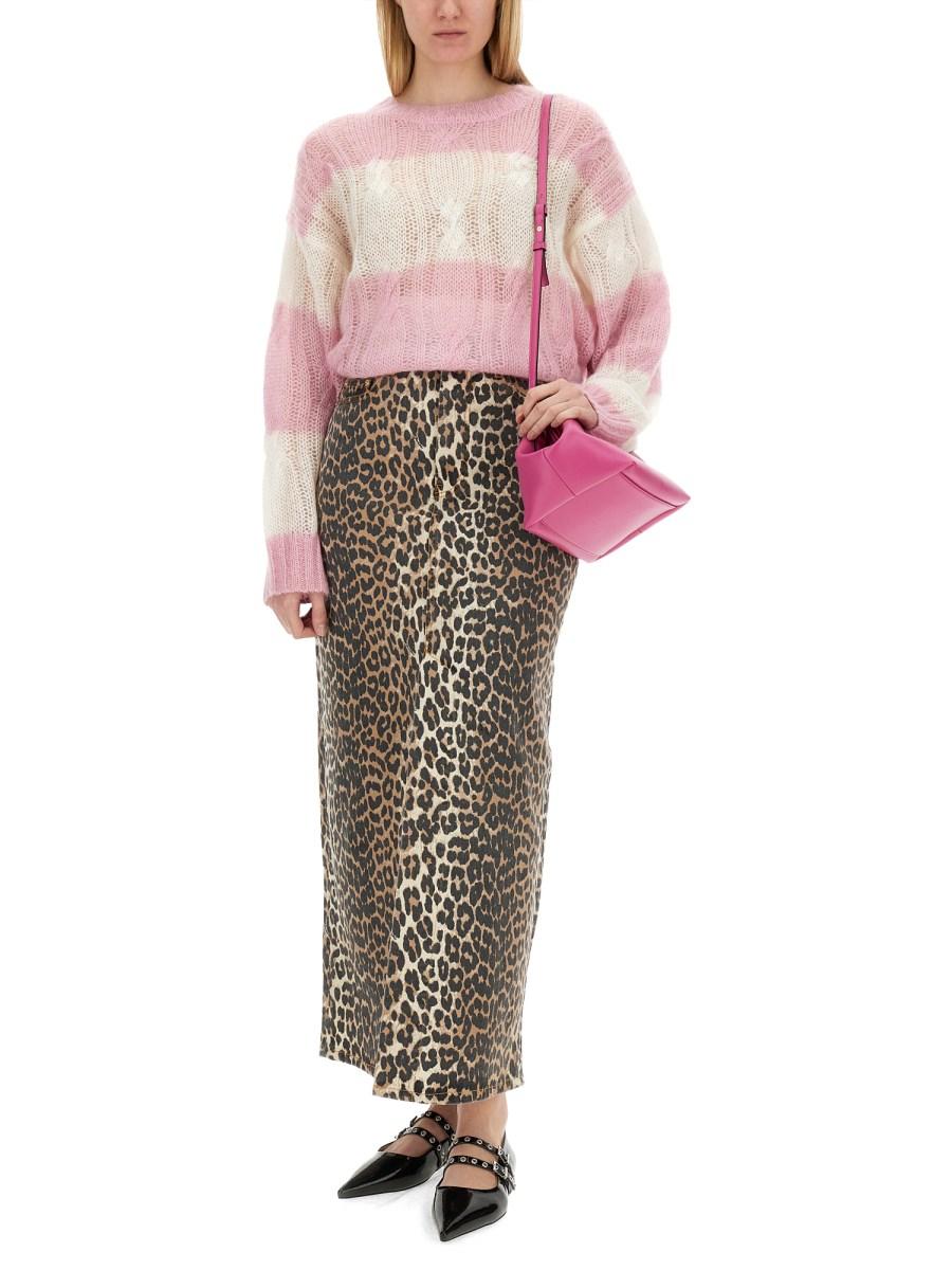 GANNI GONNA CON MAXI SPACCO IN DENIM DI COTONE CON STAMPA ANIMALIER