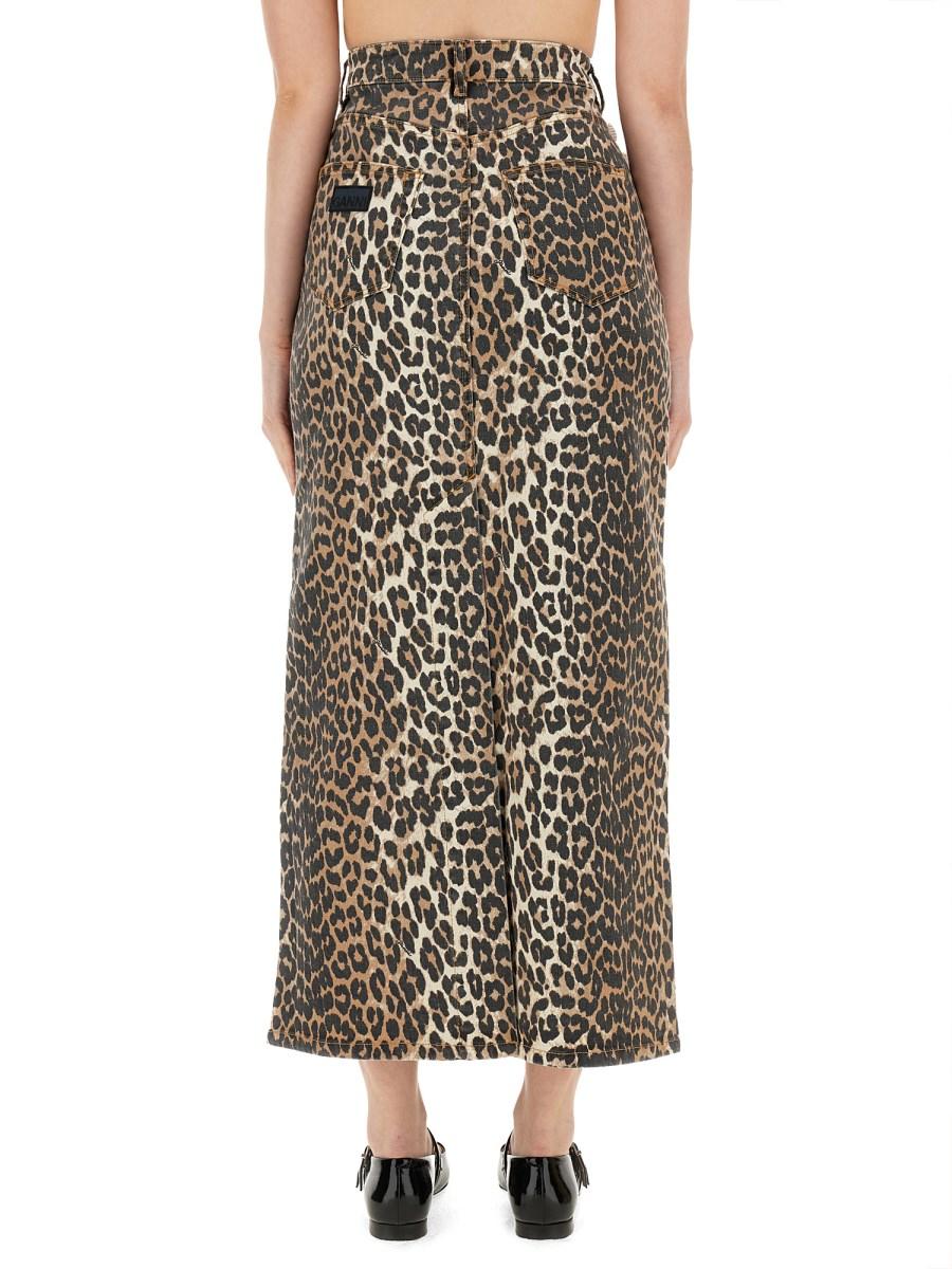 GANNI GONNA CON MAXI SPACCO IN DENIM DI COTONE CON STAMPA ANIMALIER
