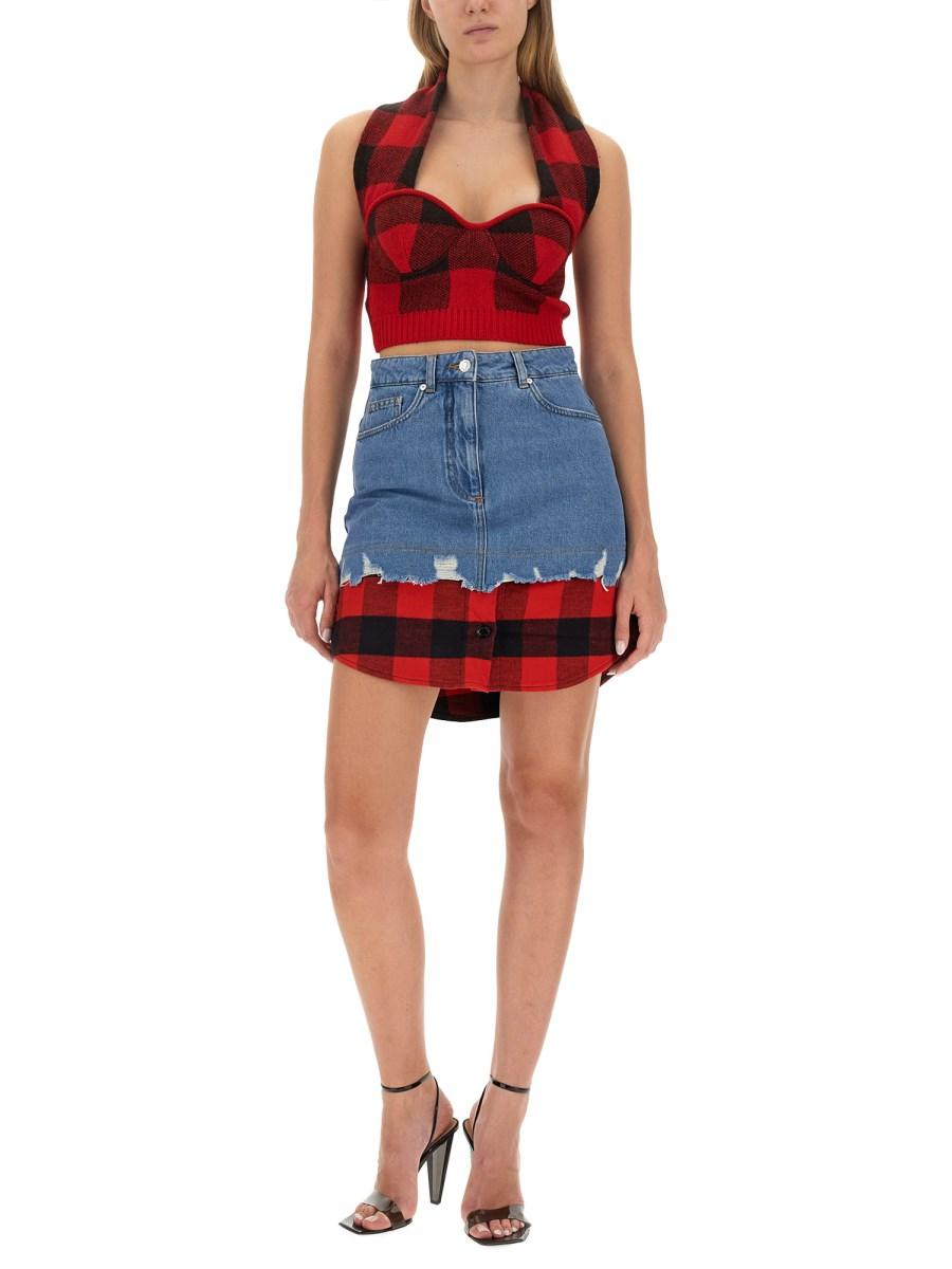 MOSCHINO JEANS GONNA MINI CON STAMPA TARTAN IN DENIM DI COTONE