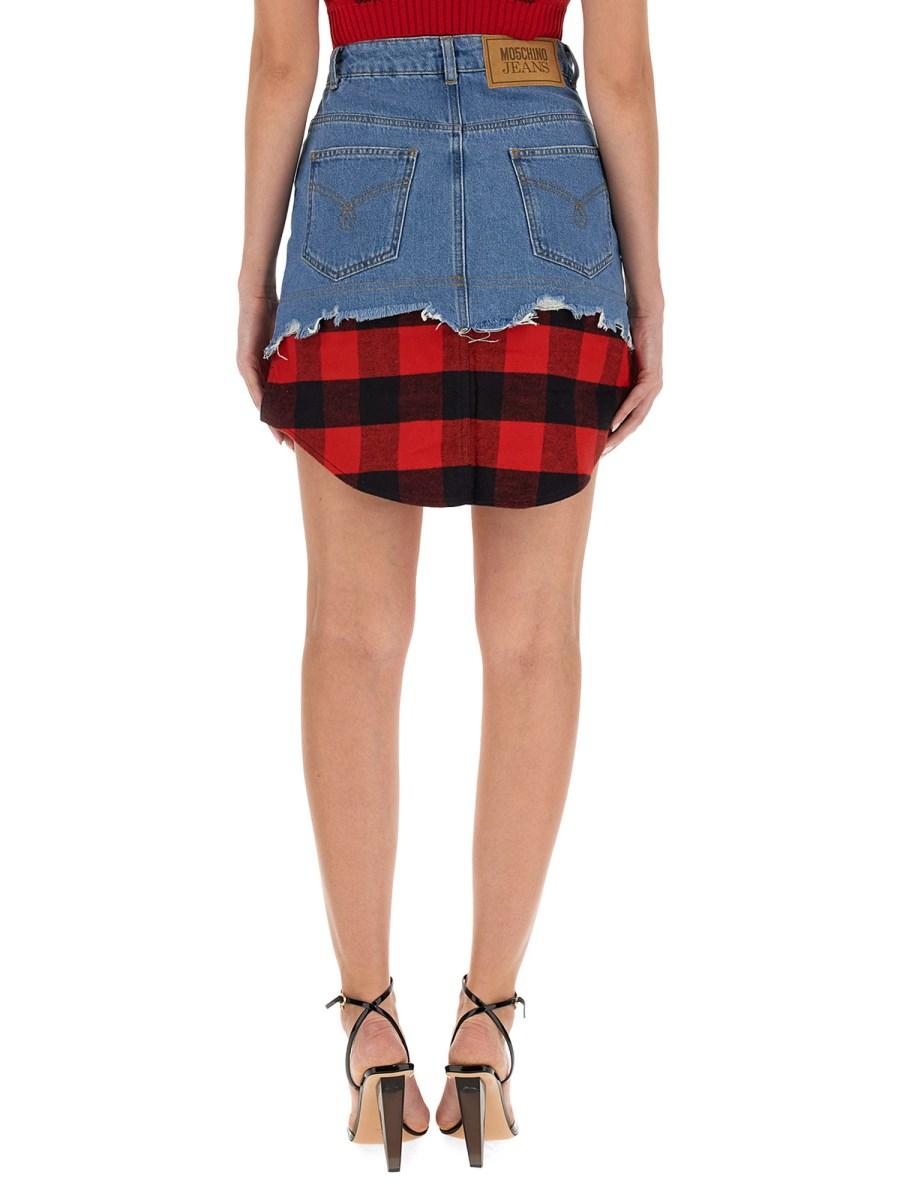 MOSCHINO JEANS GONNA MINI CON STAMPA TARTAN IN DENIM DI COTONE
