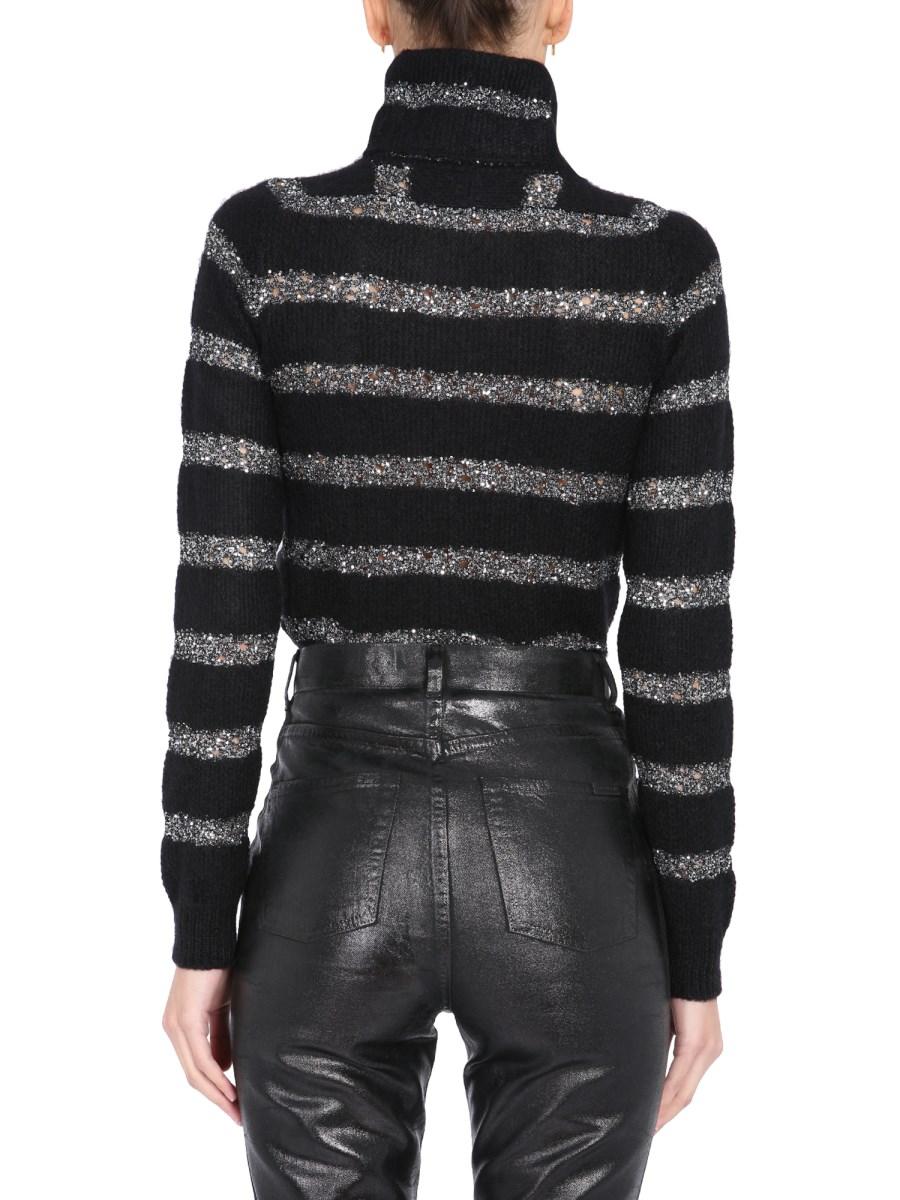 SAINT LAURENT MAGLIA A COLLO ALTO IN MOHAIR A RIGHE CON PAILLETTES