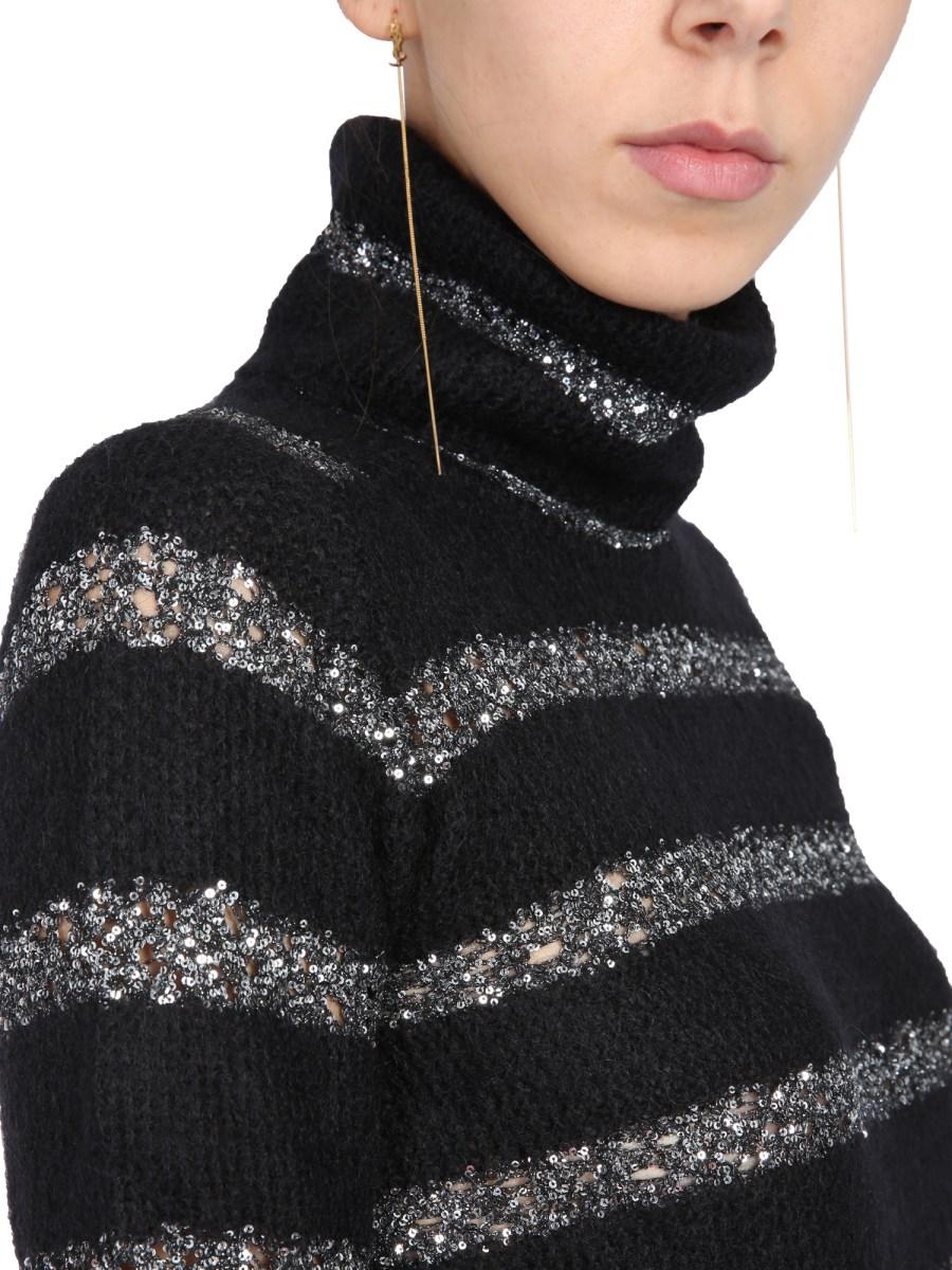 SAINT LAURENT MAGLIA A COLLO ALTO IN MOHAIR A RIGHE CON PAILLETTES