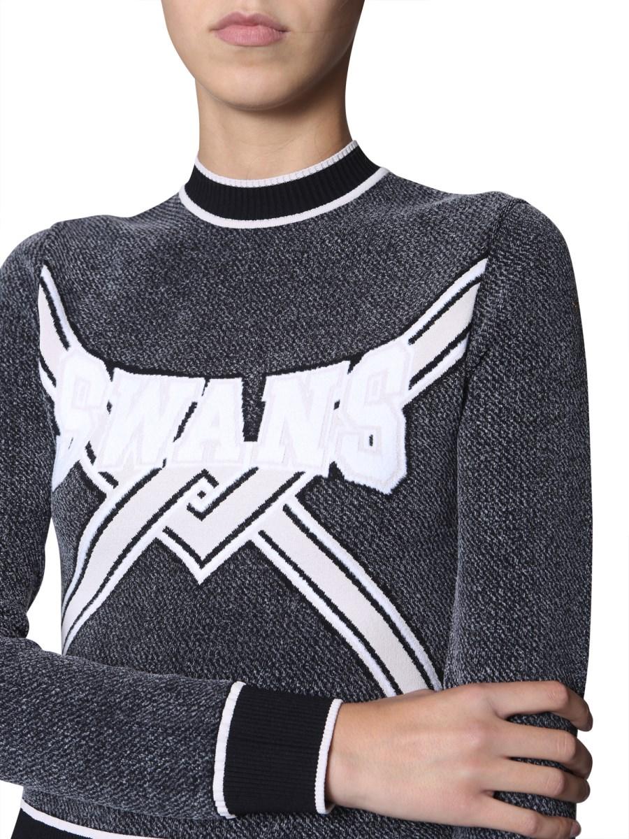 OFF-WHITE MAGLIA CROPPED "SWANS" GIROCOLLO IN JERSEY DI COTONE