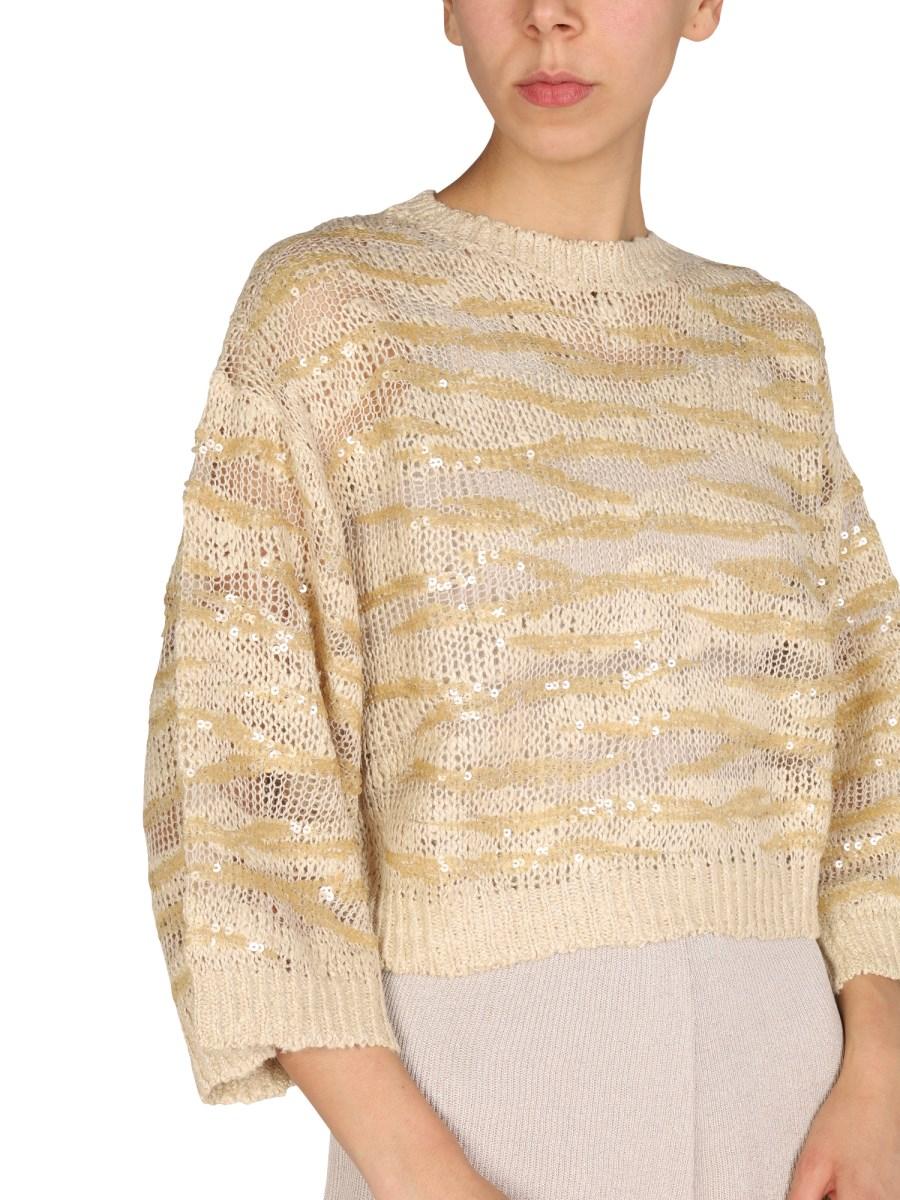 BRUNELLO CUCINELLI MAGLIA TRAFORATA IN MISTO SETA E LINO CON PAILLETTES