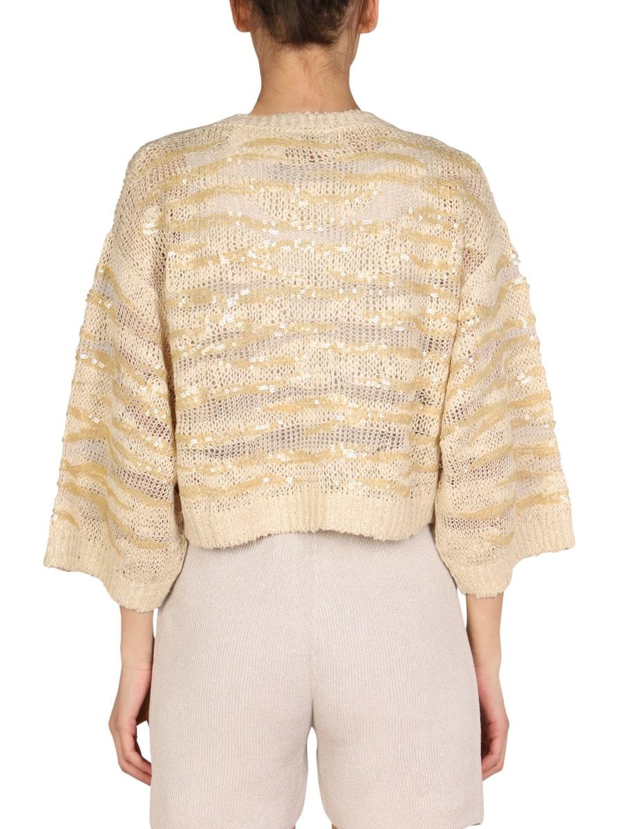 BRUNELLO CUCINELLI MAGLIA TRAFORATA IN MISTO SETA E LINO CON PAILLETTES