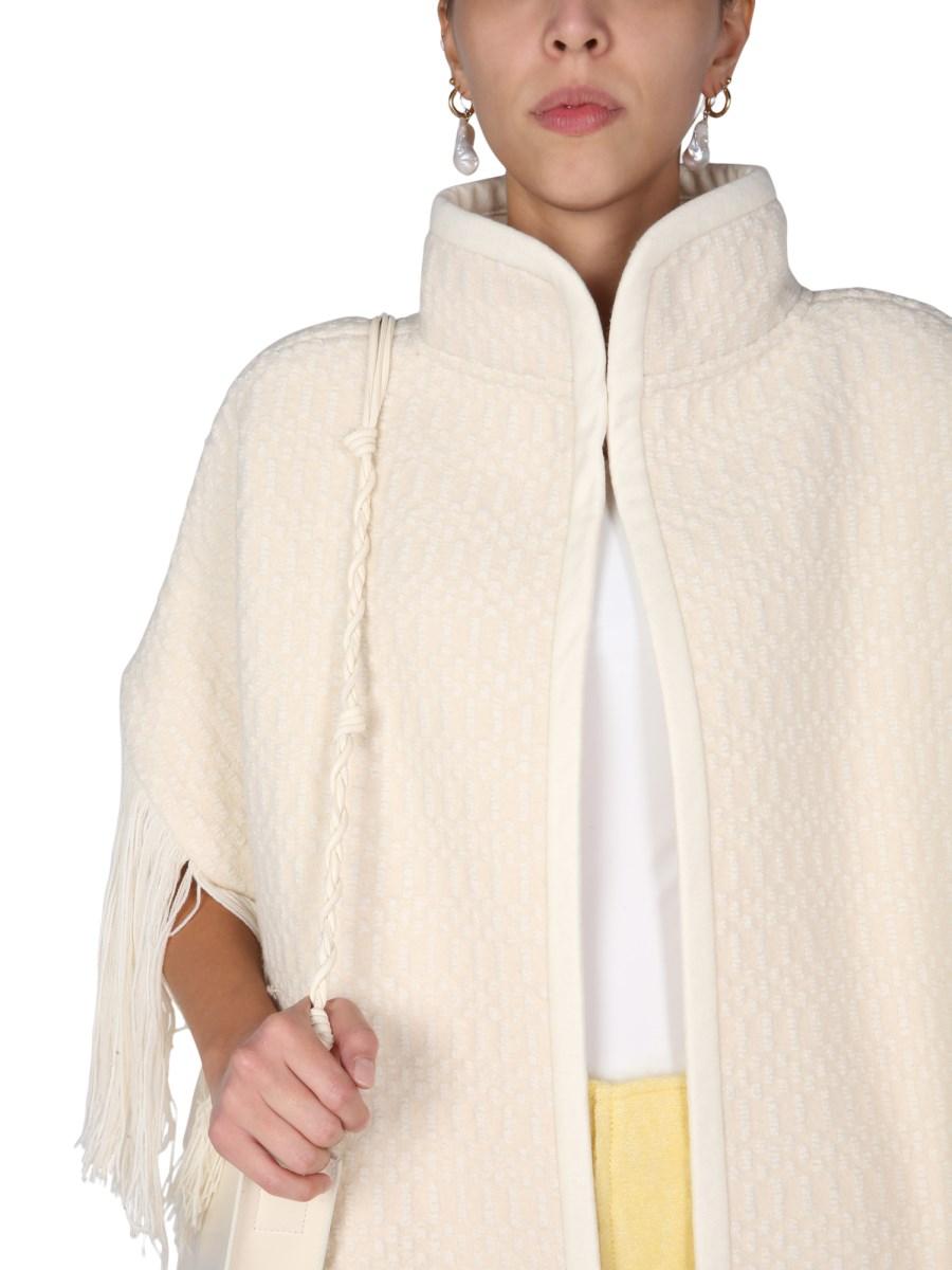 JIL SANDER MANTELLA IN JACQUARD DI LANA MERINO CON ORLO A FRANGE
