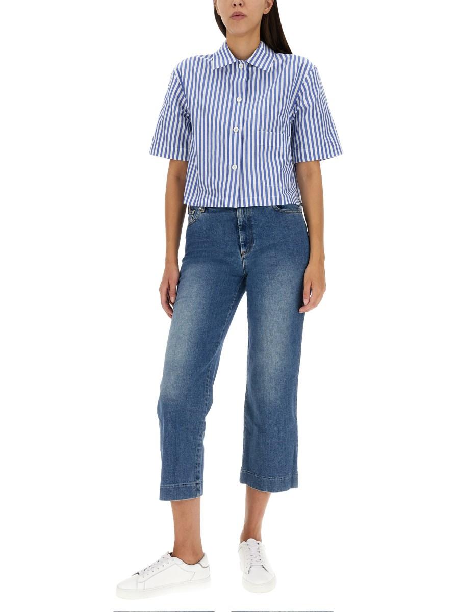 MARGARET HOWELL CAMICIA CANDY STRIPE IN MISTO LINO