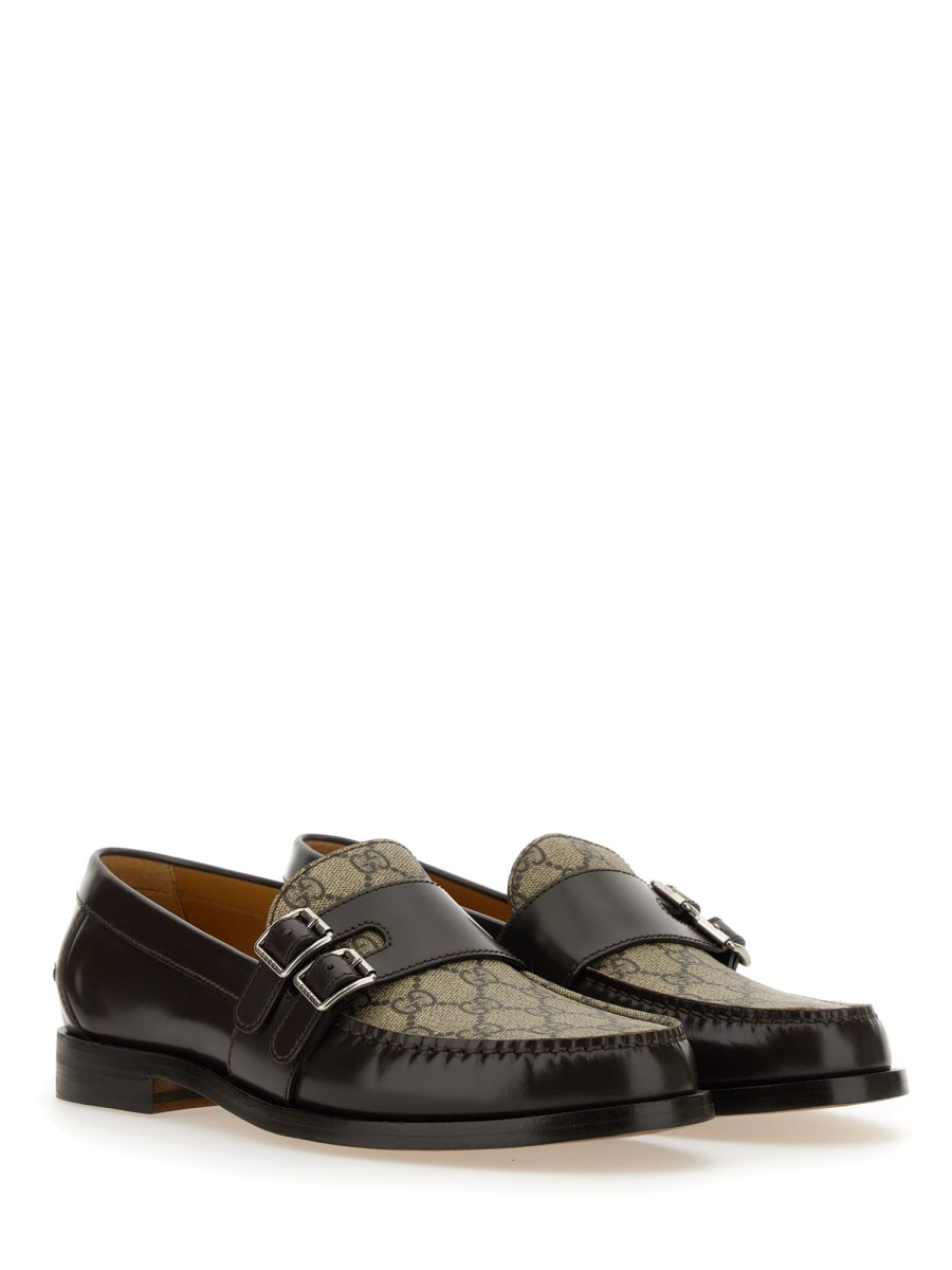 GUCCI MOCASSINO IN PELLE E TESSUTO GG SUPREME CON FIBBIA