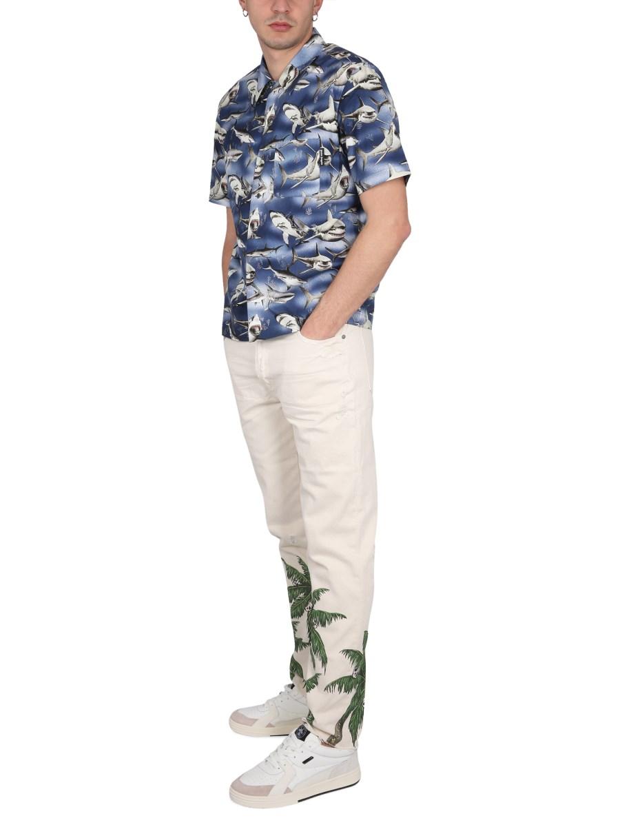 PALM ANGELS CAMICIA BOWLING SHARKS IN COTONE