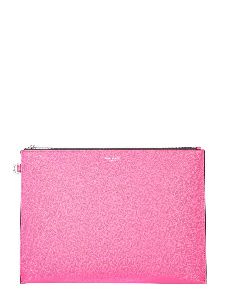 SAINT LAURENT PORTA TABLET CON ZIP IN PELLE GOFFRATA GRAIN DE POUDRE