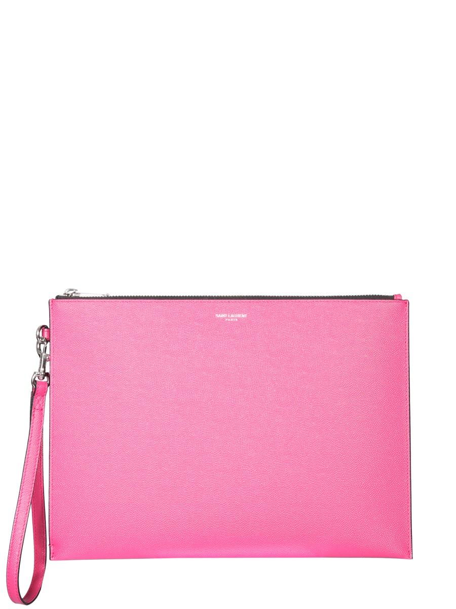 SAINT LAURENT PORTA TABLET CON ZIP IN PELLE GOFFRATA GRAIN DE POUDRE