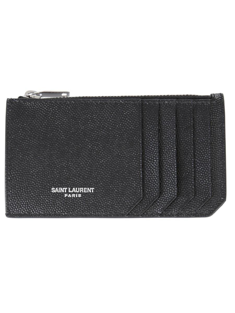 SAINT LAURENT PORTACARTE IN PELLE A TEXTURE CON ZIP E LOGO