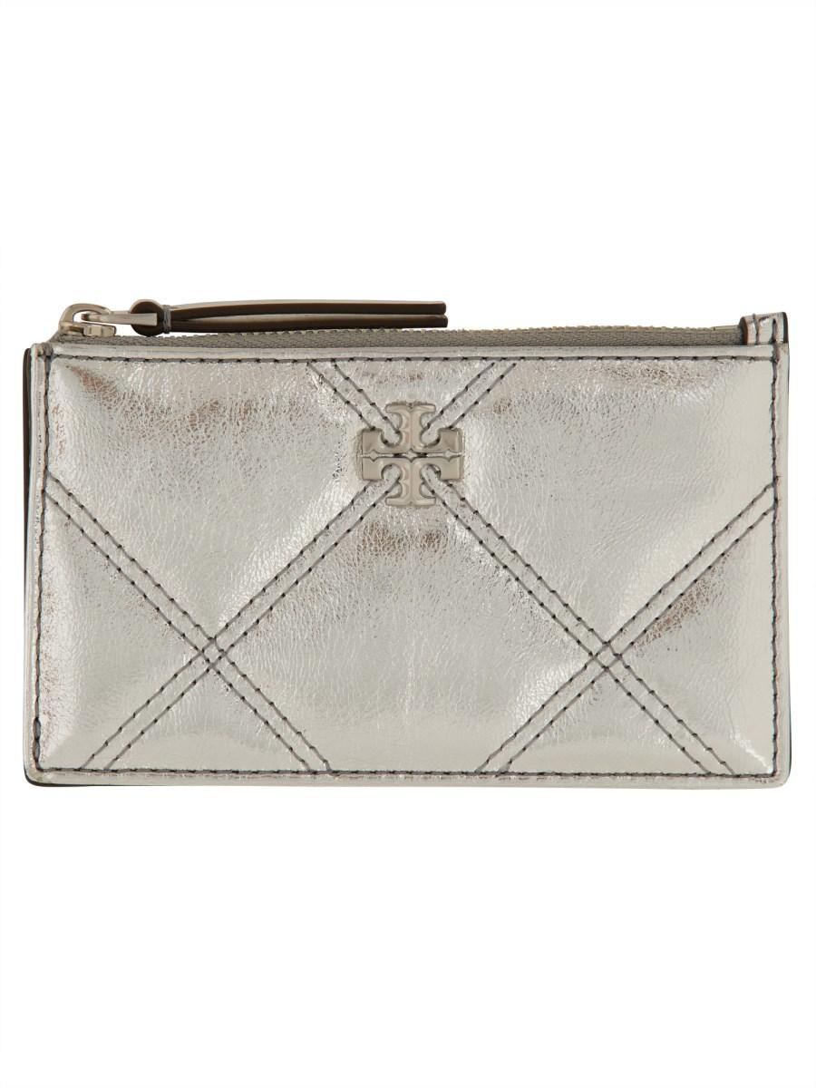 TORY BURCH PORTACARTE "KIRA" IN PELLE METALLIZZATA CON TRAPUNTATURA A DIAMANTE E ZIP