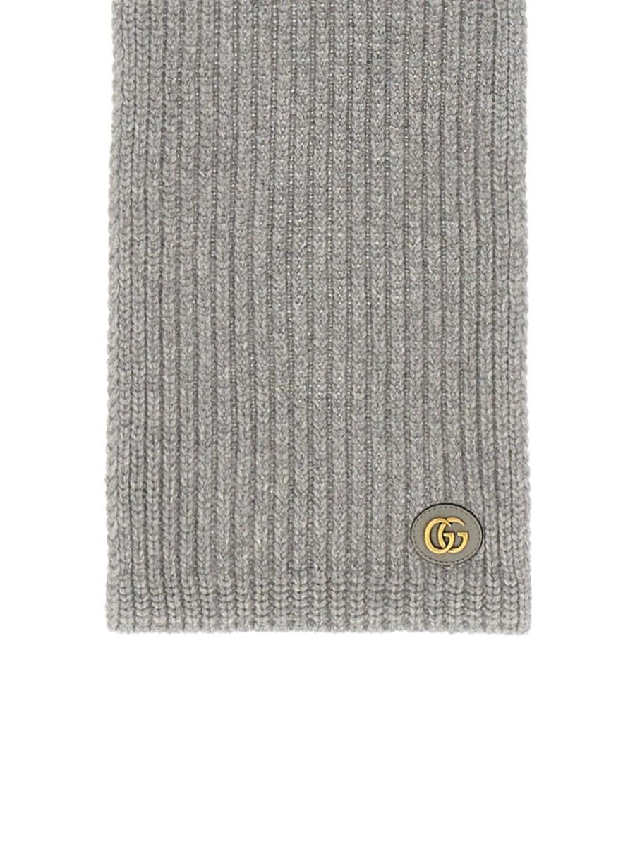 GUCCI SCIARPA IN MAGLIA DI LANA E CASHMERE CON PATCH IN PELLE DOPPIA G