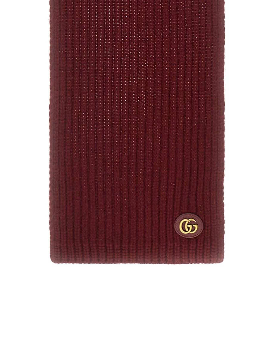 GUCCI SCIARPA IN MAGLIA DI LANA E CASHMERE CON PATCH IN PELLE DOPPIA G