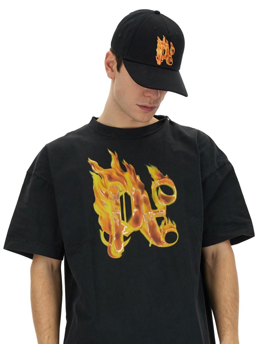 PALM ANGELS T-SHIRT CON STAMPA "BURNING MONOGRAM" IN JERSEY DI COTONE