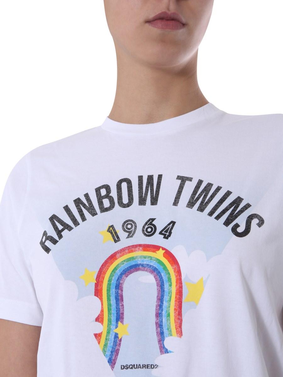 DSQUARED T-SHIRT GIROCOLLO IN COTONE CON STAMPA RAINBOW
