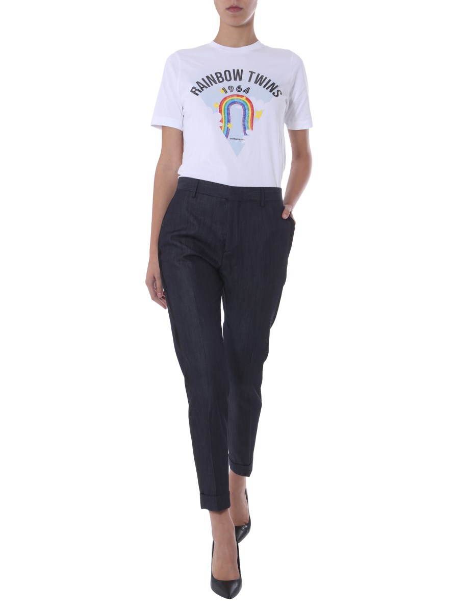 DSQUARED T-SHIRT GIROCOLLO IN COTONE CON STAMPA RAINBOW