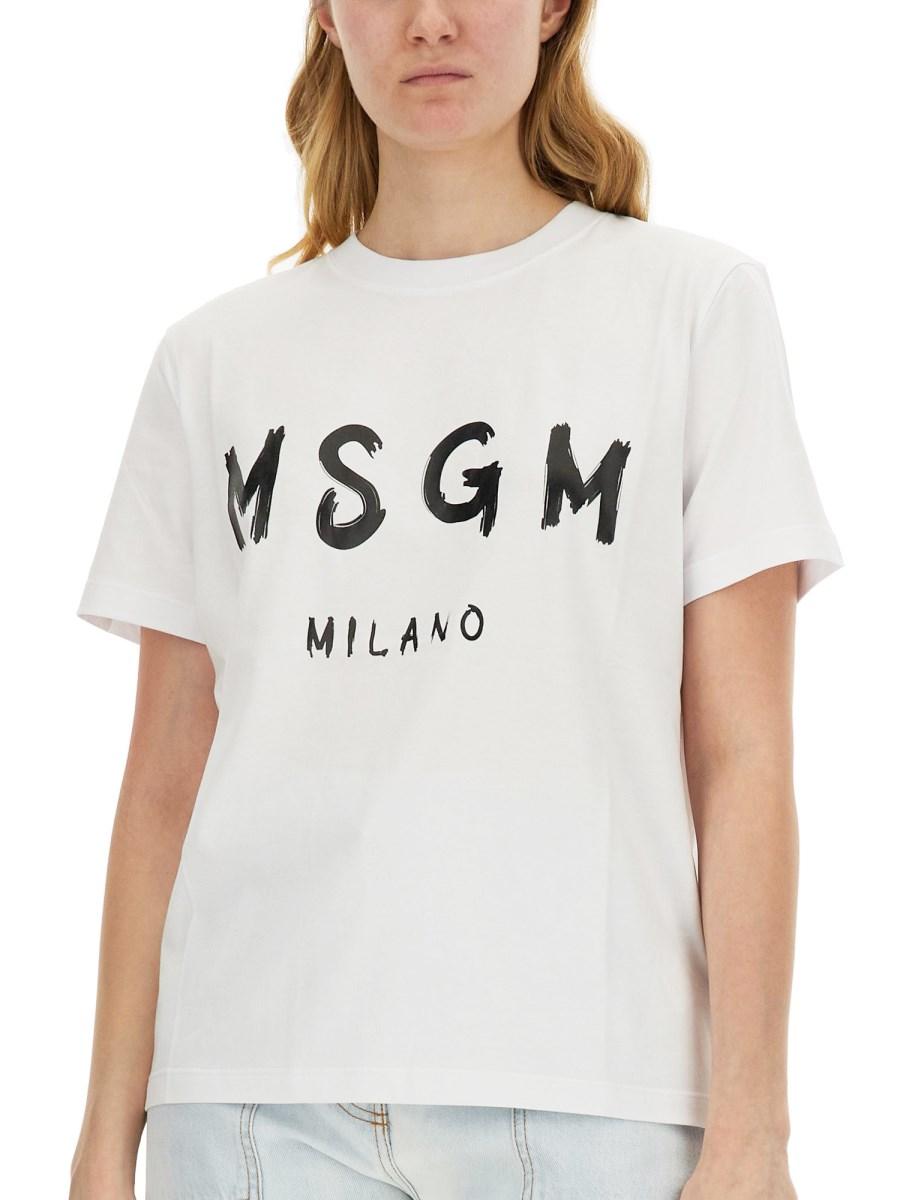 MSGM T-SHIRT GIROCOLLO IN JERSEY DI COTONE CON STAMPA LOGO PENNELLATO