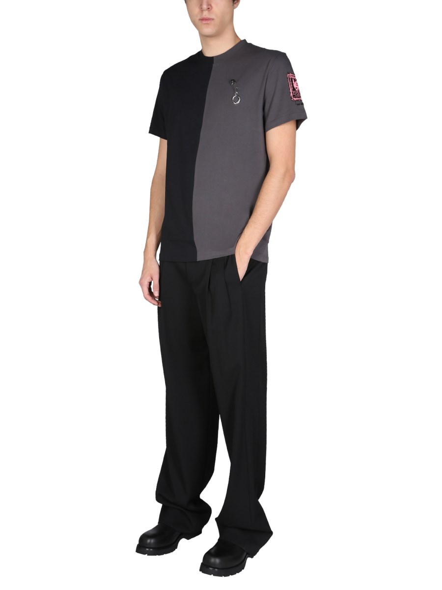 FRED PERRY X RAF SIMONS T-SHIRT GIROCOLLO IN JERSEY DI COTONE SPLIT BICOLOR