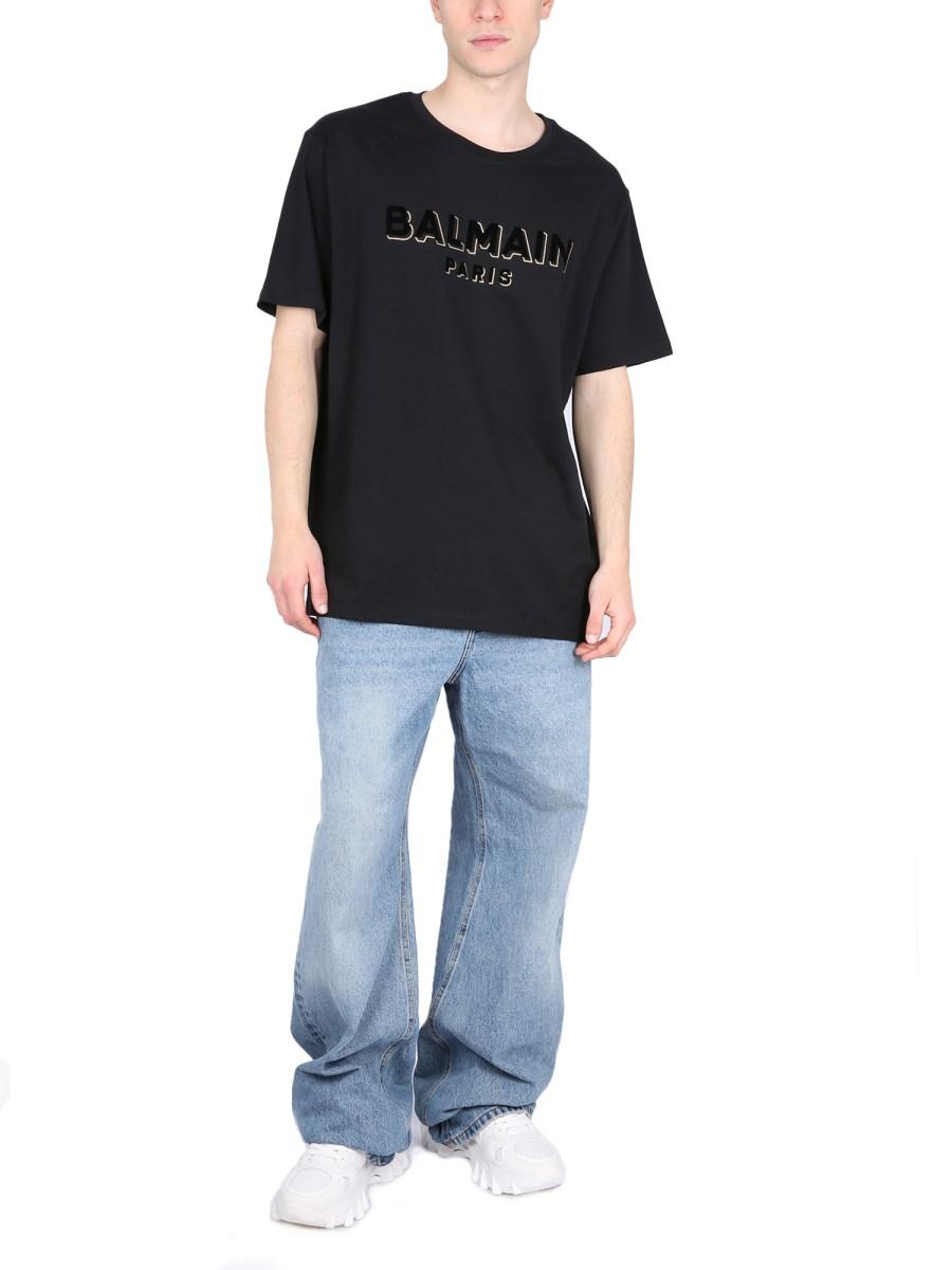 BALMAIN T-SHIRT IN COTONE CON LOGO FLOCCATO E METALLIZZATO