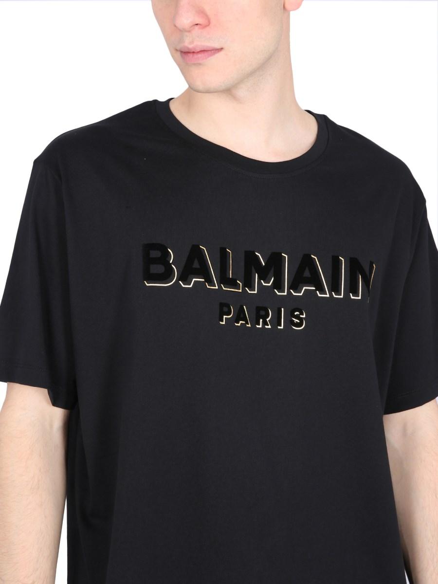 BALMAIN T-SHIRT IN COTONE CON LOGO FLOCCATO E METALLIZZATO