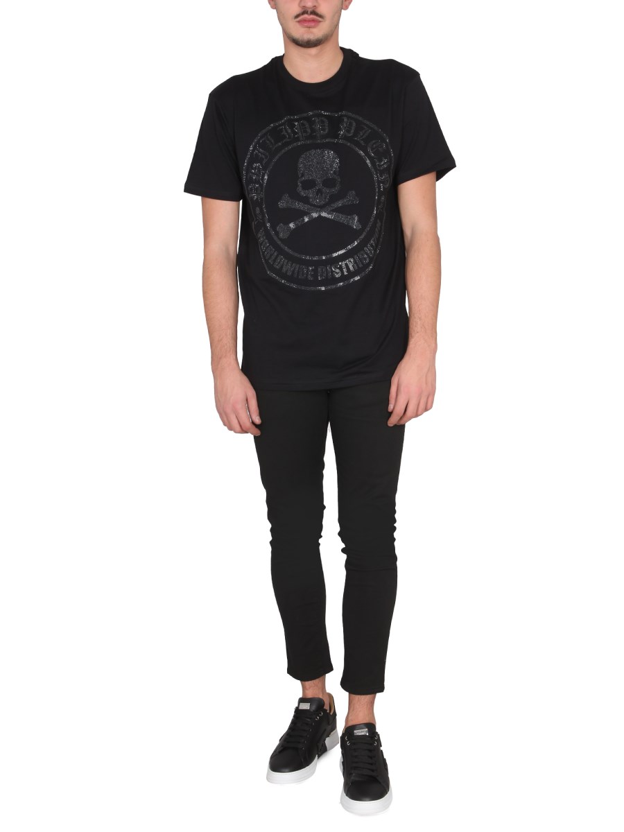 PHILIPP PLEIN T-SHIRT IN JERSEY DI COTONE CON LOGO CRISTALLI