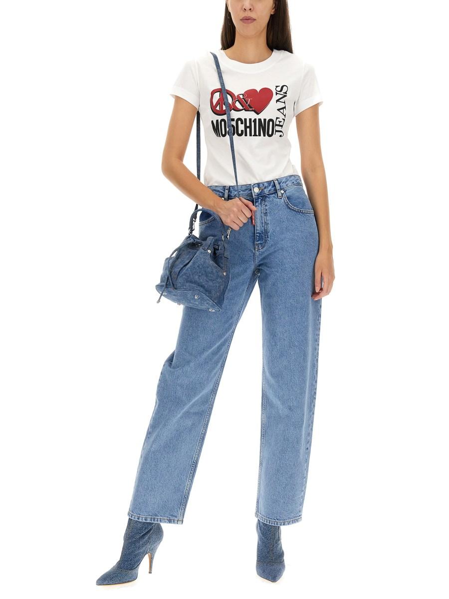 MOSCHINO JEANS T-SHIRT IN JERSEY DI COTONE CON STAMPA PEACE & LOVE