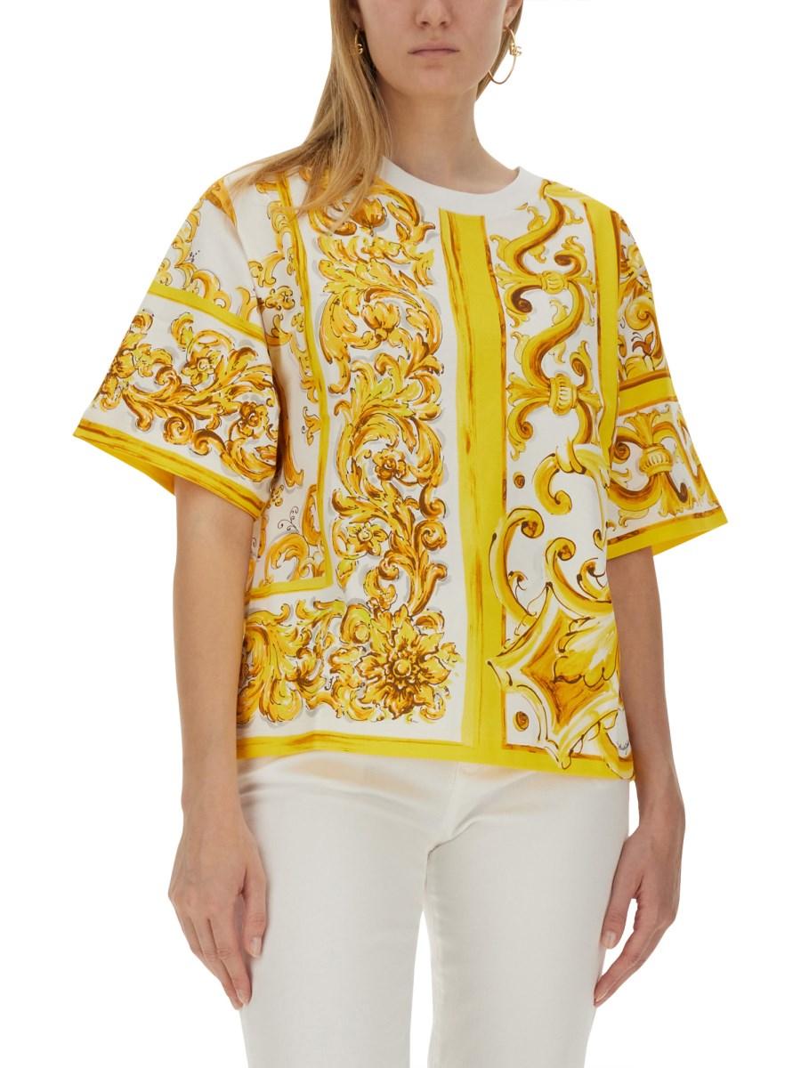 DOLCE & GABBANA T-SHIRT IN JERSEY DI COTONE STAMPA MAIOLICA