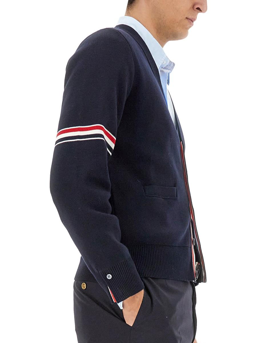 THOM BROWNE CARDIGAN IN COTONE CON SCOLLO A V