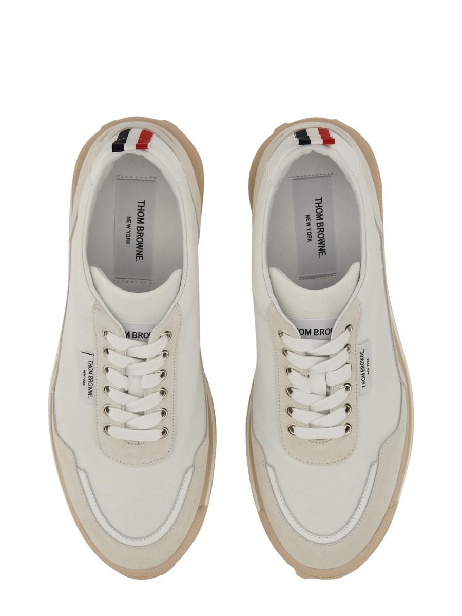 THOM BROWNE SNEAKER CON LOGO IN ECO NYLON E PELLE