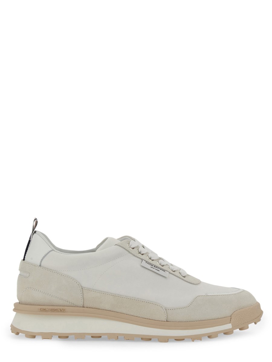 THOM BROWNE SNEAKER CON LOGO IN ECO NYLON E PELLE