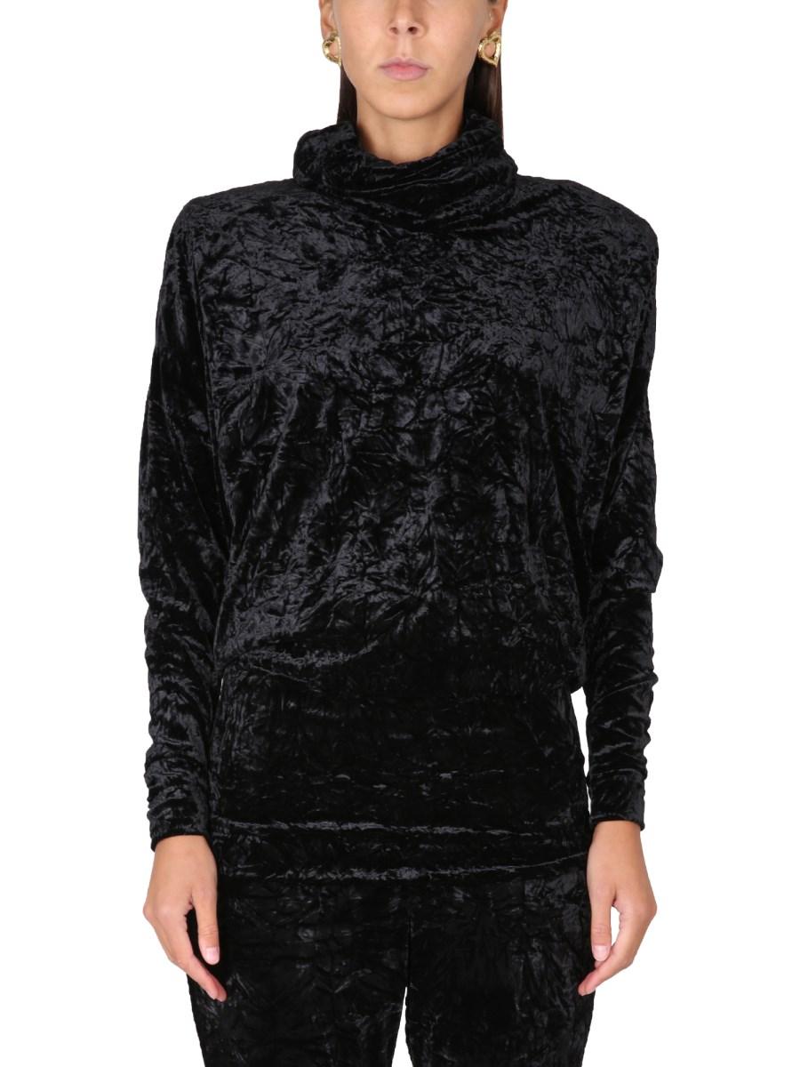 SAINT LAURENT TOP A COLLO ALTO IN VELLUTO CON SPALLE IMBOTTITE